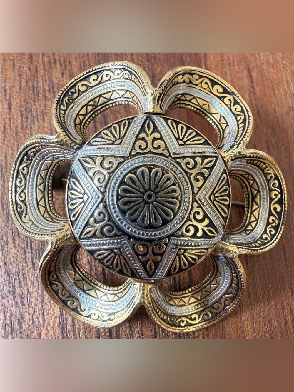 Vintage Damascene Floral Gold and Black Brooch Pin